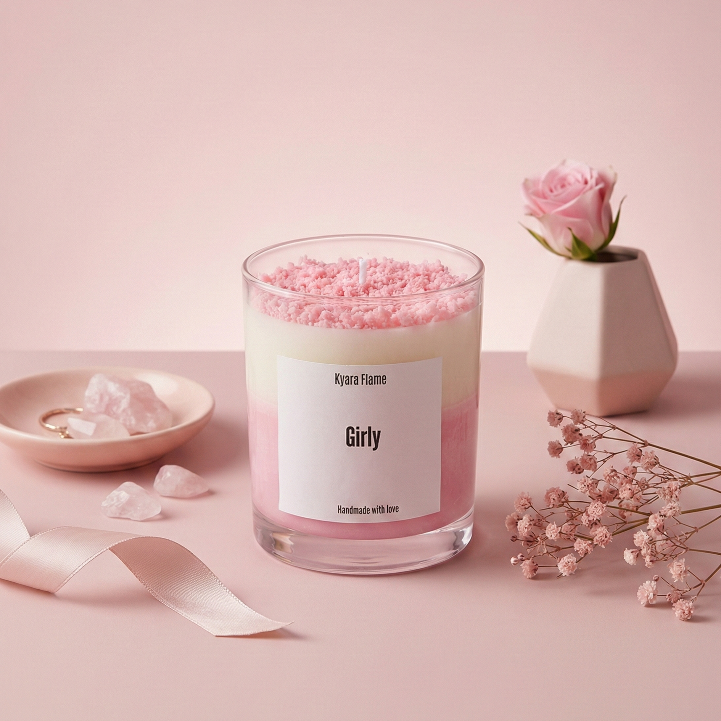 Candle labeled 'Girly' with pink decorative elements on a pink background
