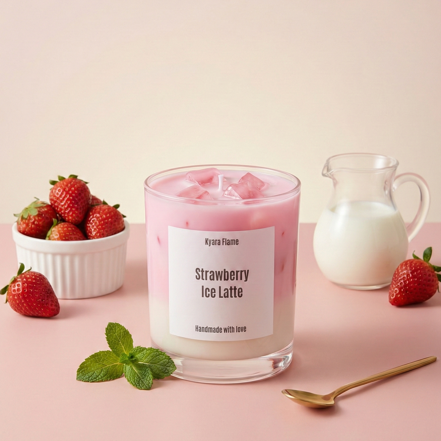 Candle labeled 'Strawberry Ice Latte' with strawberries and a pitcher of milk on a pink background