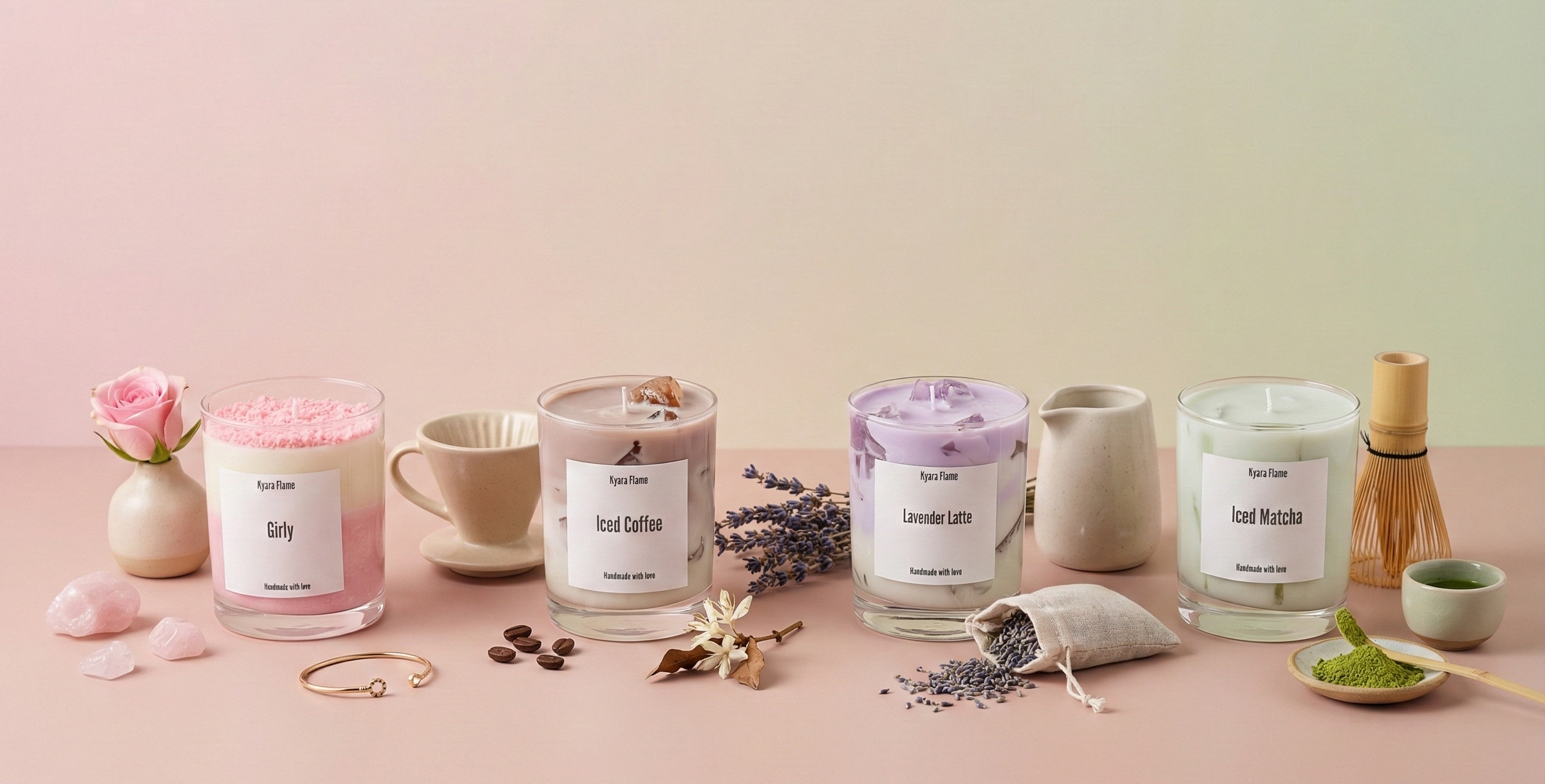 Row of candles with various scents on a pink surface