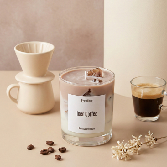 Candle labeled 'Iced Coffee' with coffee beans and a cup of coffee on a beige background