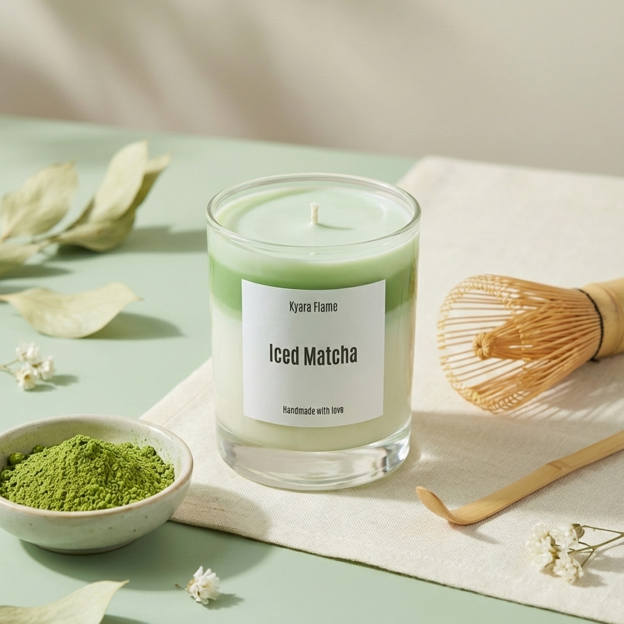 Candle labeled 'Iced Matcha' with matcha powder and a whisk on a light green background