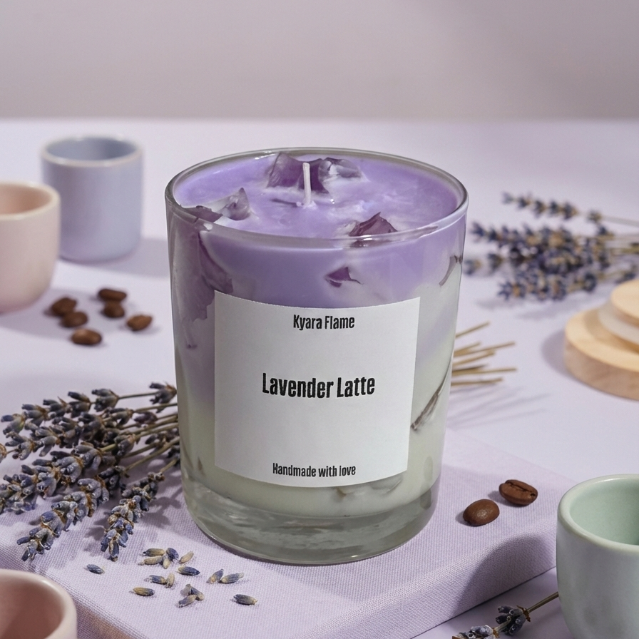 Candle labeled 'Lavender Latte' with lavender and coffee beans on a white surface