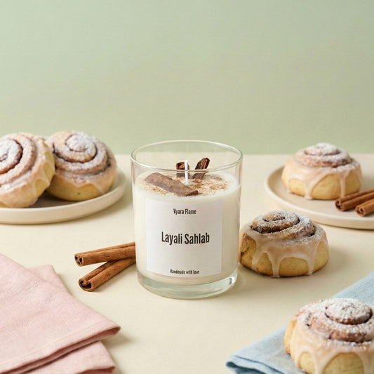 Candle labeled 'Layali Sahlab' with cinnamon rolls on a light background