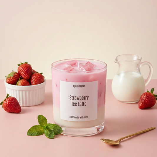 Candle labeled 'Strawberry Ice Latte' with strawberries and a pitcher of milk on a pink background